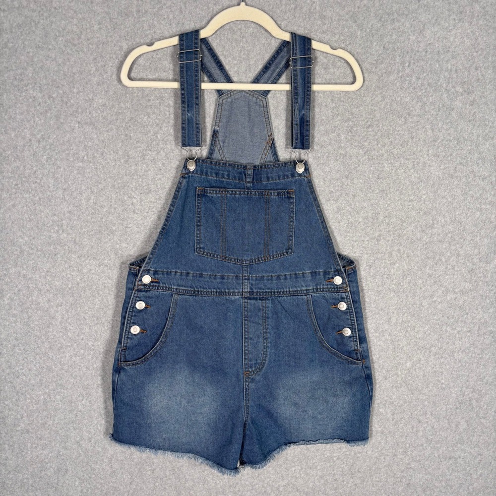 Denim Jean Shortalls Medium Raw Hem Bib Overalls Casual Utility Summer Stretch